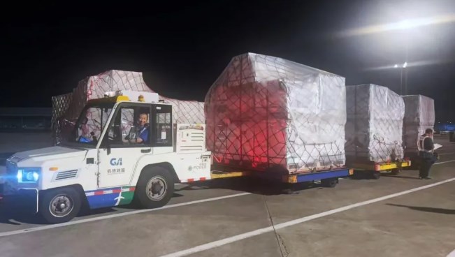 Airside tractor moving temperature-protected cargo pallets at Shanghai Pudong airport