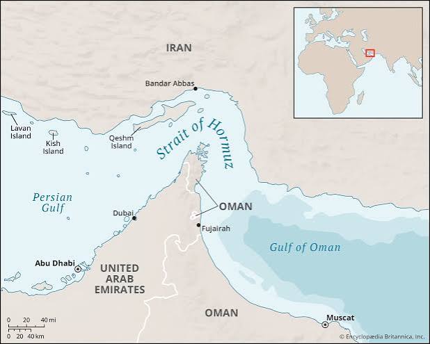 Map of the Strait of Hormuz between the Persian Gulf and the Gulf of Oman